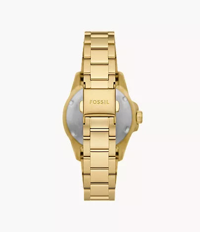 Fossil Blue Dive ES5350 caseback view showing gold-tone stainless steel bracelet