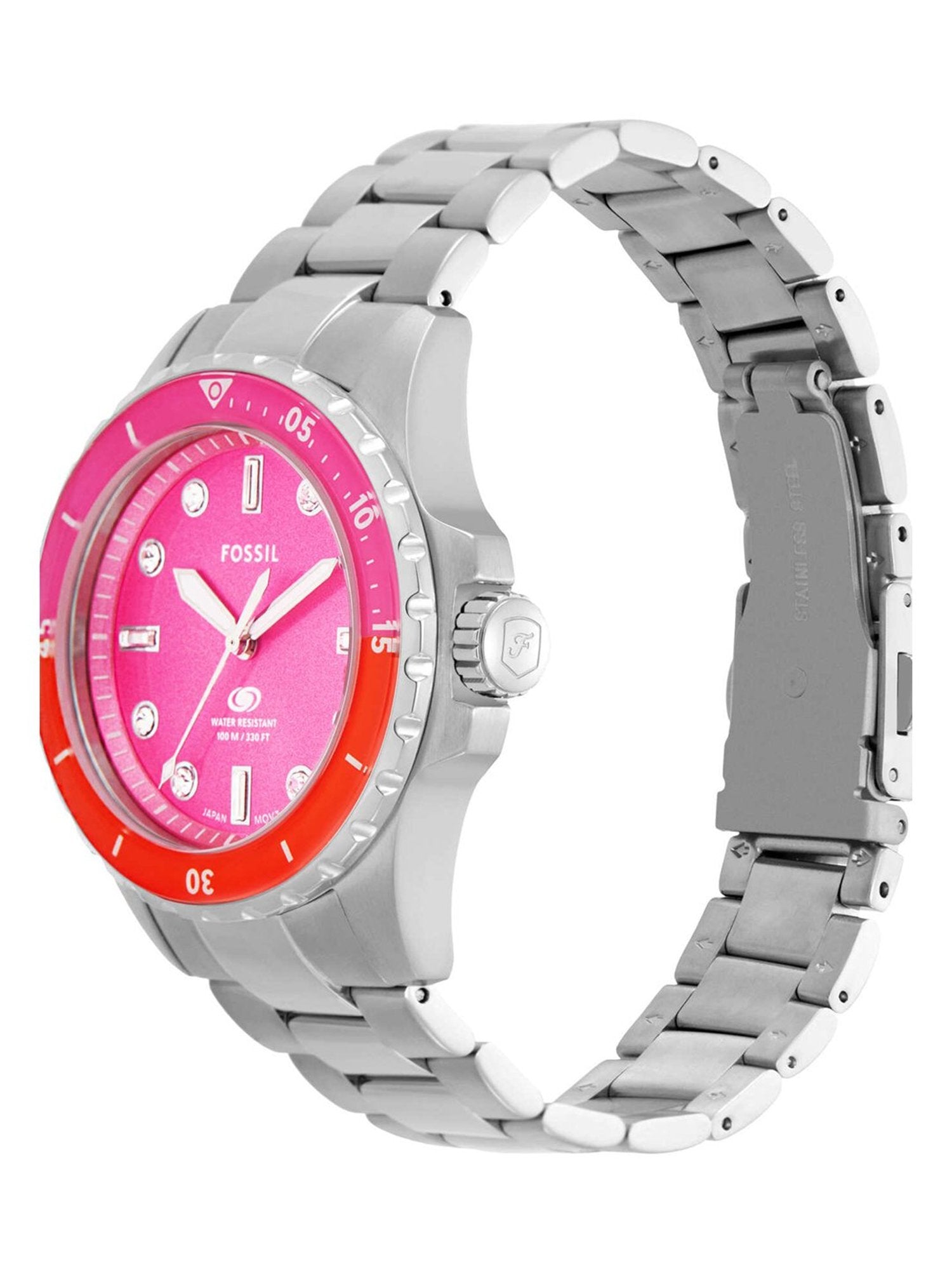 Side angle view of Fossil ES5351 women's dive watch showing stainless steel bracelet and case profile