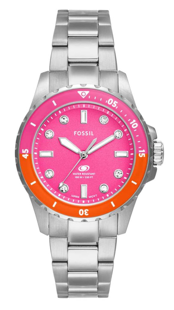 Fossil ES5351 women's dive watch with pink dial, pink and orange rotating bezel, embellished hour markers, stainless steel bracelet