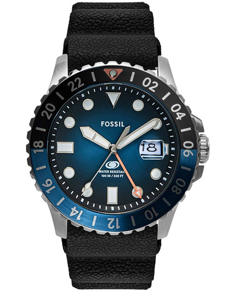 Fossil Blue 46mm men's watch with blue dial, rotating bezel, and black silicone strap