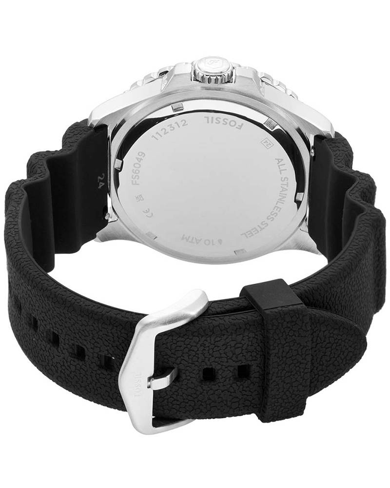 Fossil Blue FS6049 watch caseback showing stainless steel and engraved text