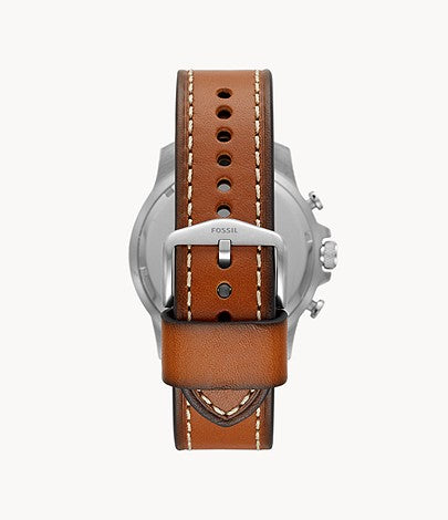 Back view of Fossil Bowman watch showing brown leather strap with white stitching and metal buckle