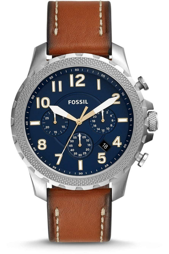 Fossil Bowman chronograph watch with blue dial, steel case, and brown leather strap