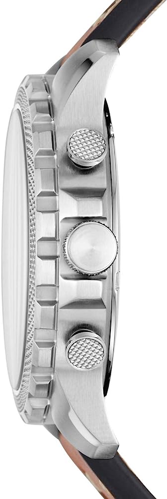 Side view of Fossil Bowman watch showing textured bezel, chronograph pushers, and stainless steel case