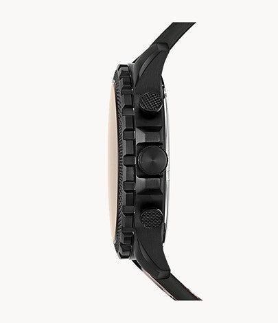 Side profile of Fossil Bowman watch showing black case with textured bezel and brown leather strap