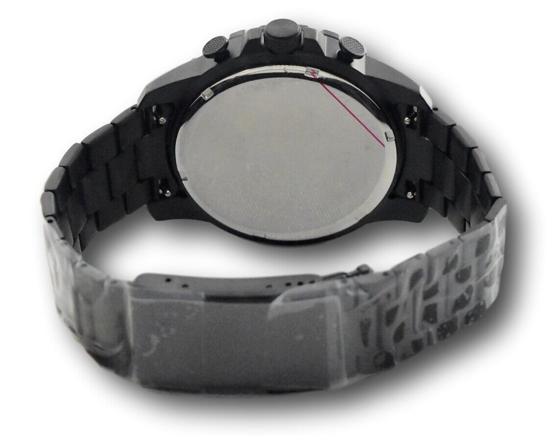 Caseback view of Fossil Bowman watch showing stainless steel case back and black bracelet