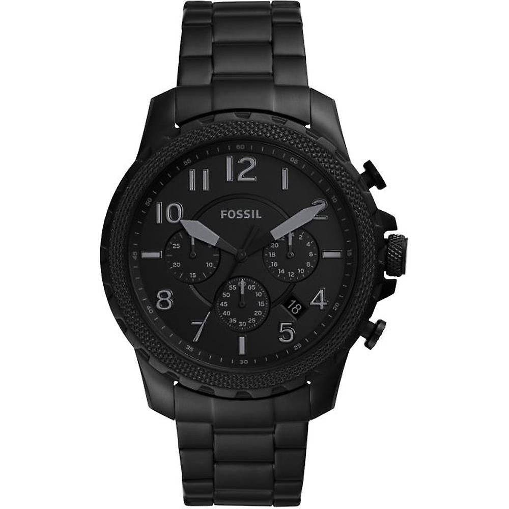 Fossil Bowman black chronograph watch with stainless steel case and bracelet, Arabic numeral dial with three subdials
