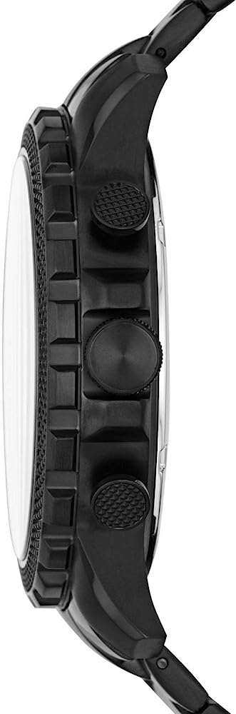 Side view of Fossil Bowman chronograph showing black stainless steel bracelet and case profile