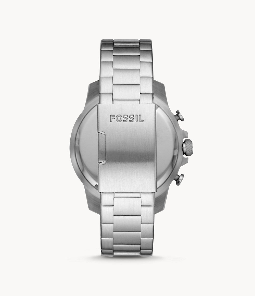 Caseback of Fossil Bowman silver stainless steel watch with bracelet attached