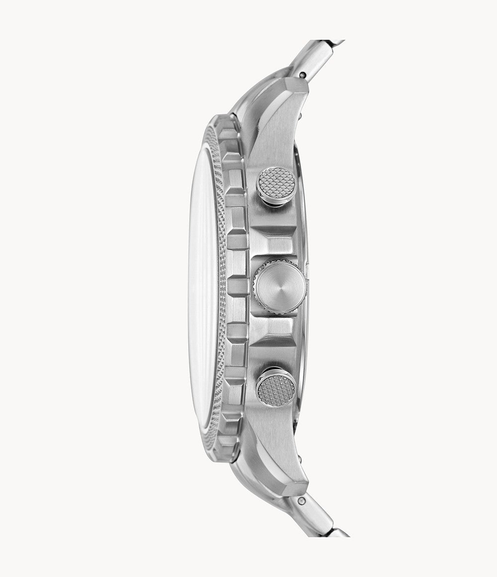 Side view of Fossil Bowman silver stainless steel chronograph watch showing case profile and crown