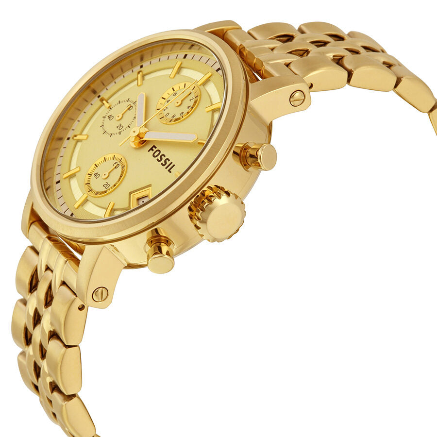 Fossil Boyfriend gold-tone chronograph watch shown at angle with visible pushers and bracelet