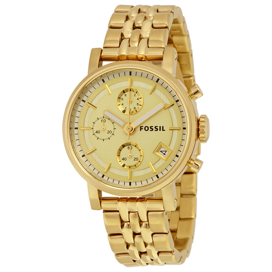 Fossil Boyfriend chronograph watch with gold dial and three subdials, gold-tone bracelet