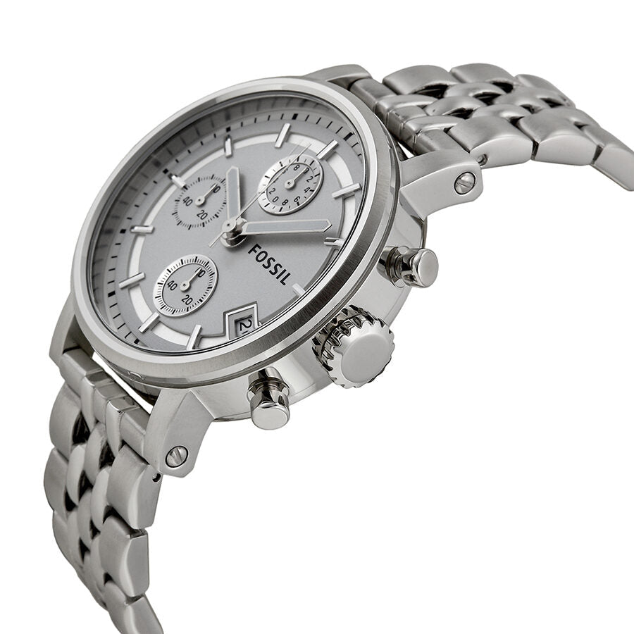 Fossil Boyfriend Chronograph watch at angle showing case, dial, and stainless steel bracelet