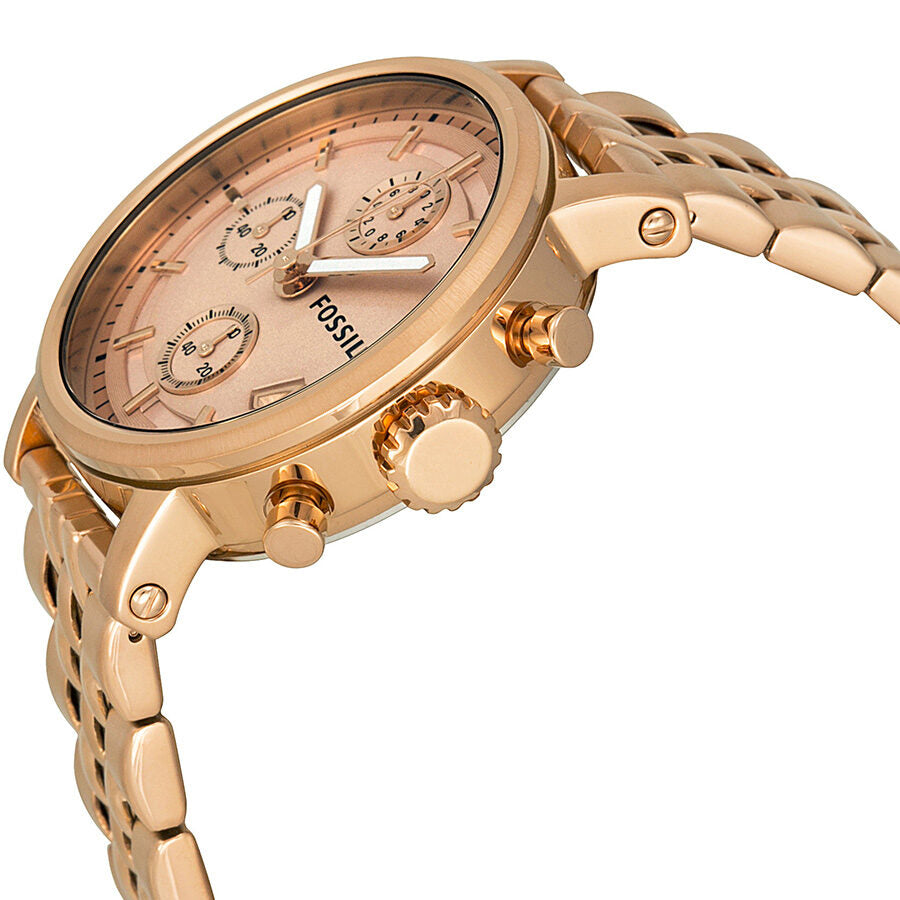 Fossil Boyfriend chronograph rose gold-tone watch side view showing chronograph pushers and bracelet