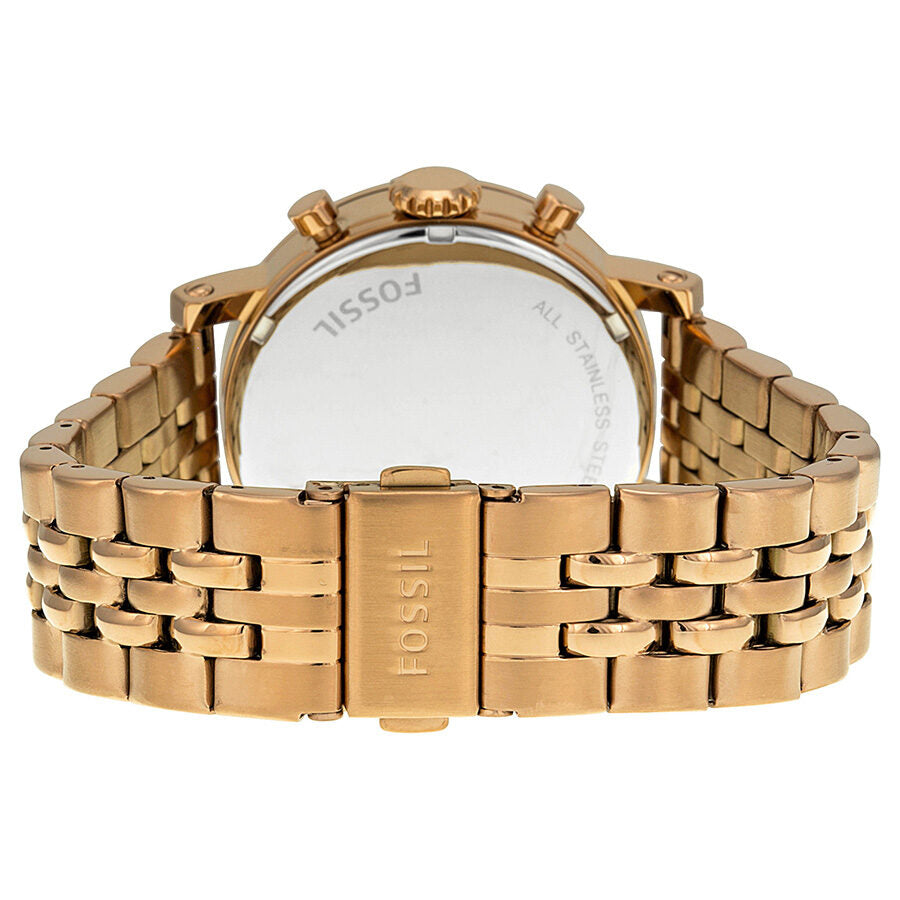 Fossil Boyfriend chronograph watch rose gold-tone metal bracelet with fold-over clasp viewed from back