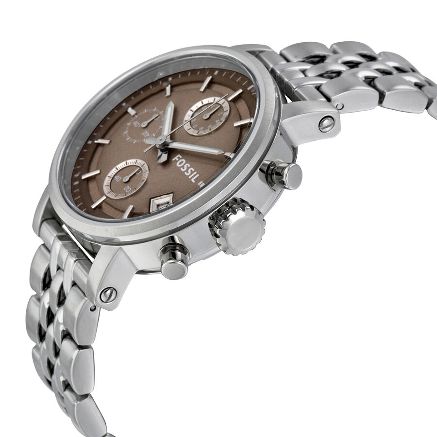 Fossil Boyfriend chronograph watch angled view showing brown dial, push buttons, and stainless steel bracelet