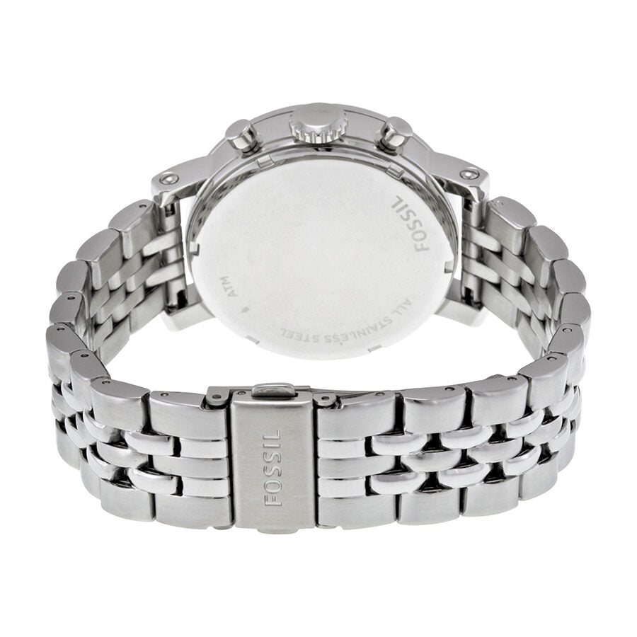 Fossil Boyfriend chronograph watch caseback showing stainless steel link bracelet and folding clasp