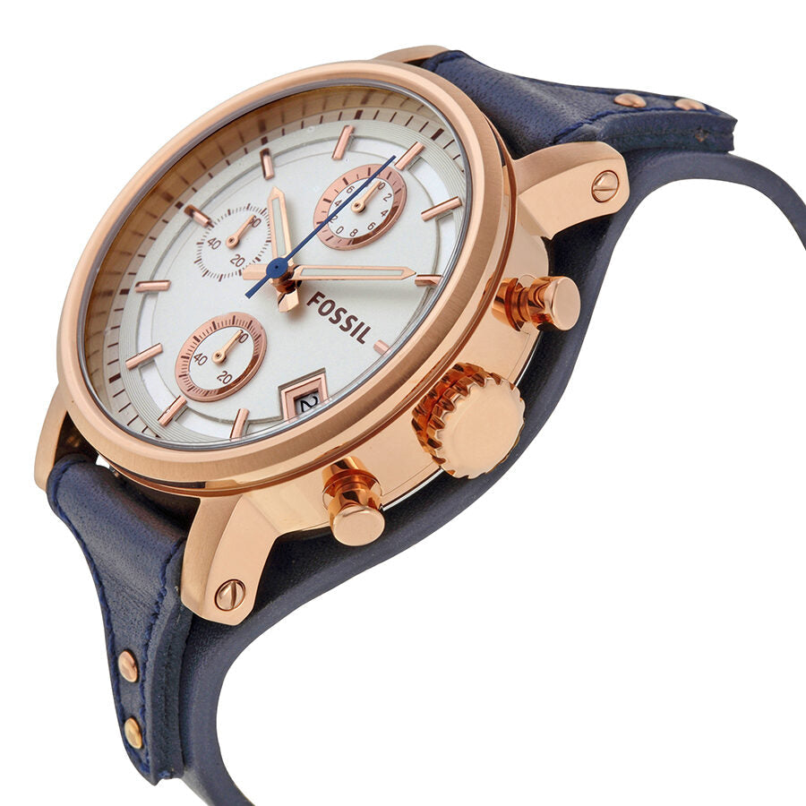 Fossil Boyfriend Chronograph side view showing rose gold case with chronograph pushers and navy leather strap