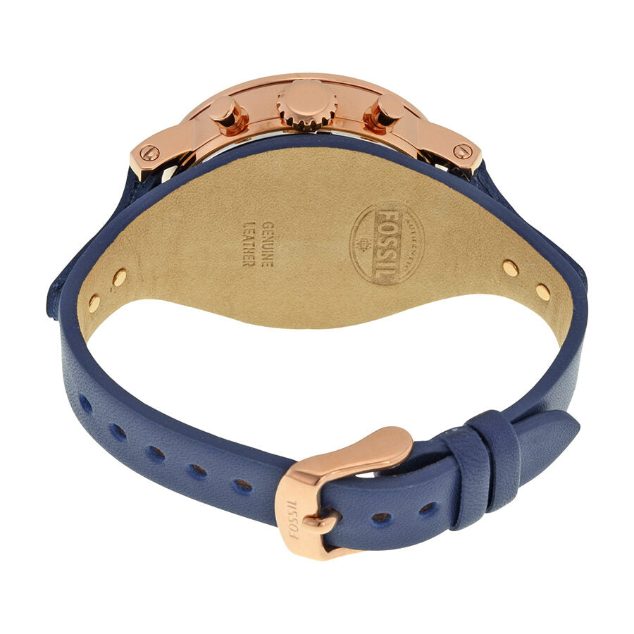 Fossil Boyfriend Chronograph caseback with engraved Fossil logo and tan leather interior