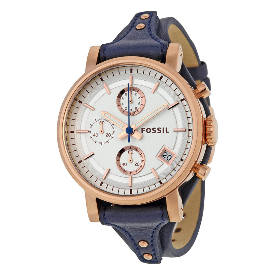 Fossil Boyfriend Chronograph watch with silver dial, rose gold case, and navy blue leather strap