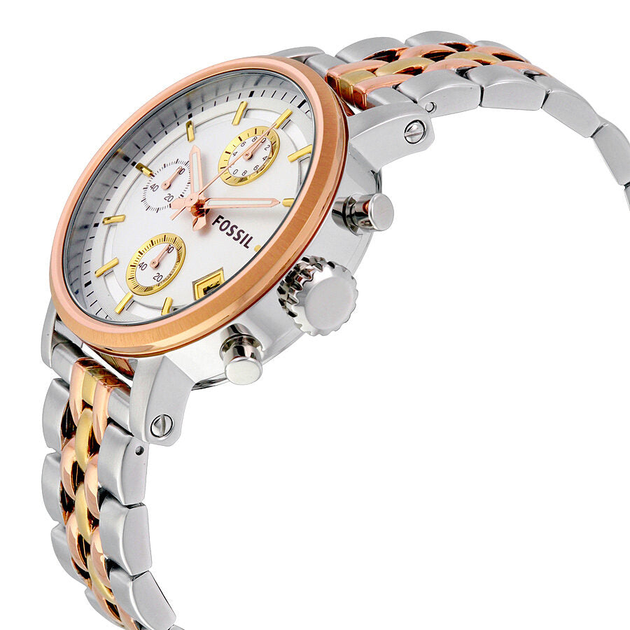Side angle view of Fossil Boyfriend Chronograph with silver dial and tri-tone metal bracelet