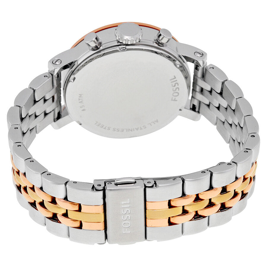 Caseback view showing Fossil Boyfriend Chronograph tri-tone stainless steel bracelet and clasp