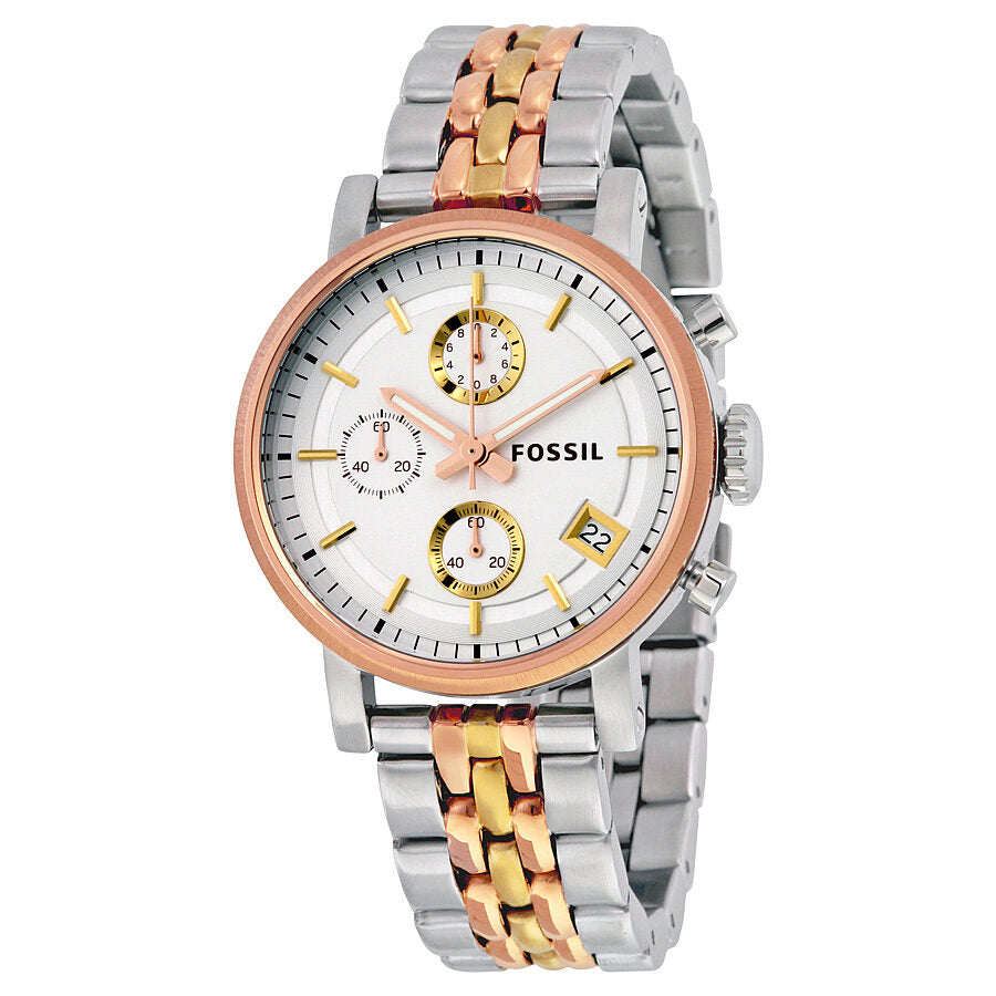 Fossil Boyfriend Chronograph watch with silver dial, tri-tone bracelet, and rose gold bezel