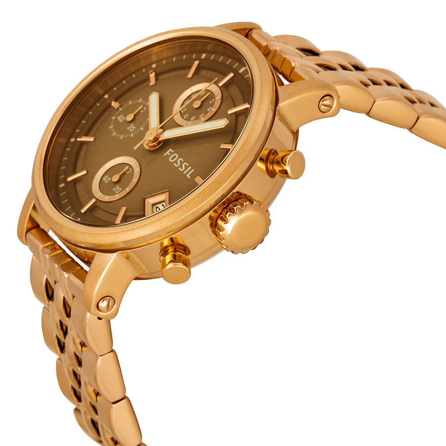 Side angle view of Fossil Boyfriend chronograph showing rose gold case and chronograph pushers