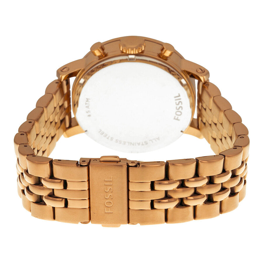 Fossil Boyfriend watch caseback showing rose gold-tone stainless steel bracelet and clasp