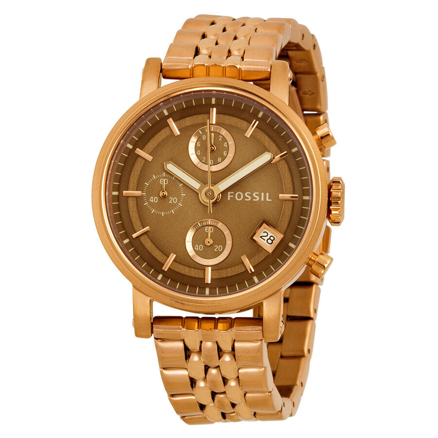 Fossil Boyfriend Chronograph brown dial rose gold-tone ladies watch with link bracelet