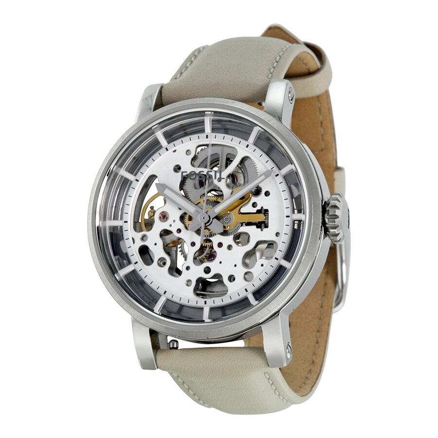 Fossil Boyfriend automatic skeleton dial ladies watch with cream leather strap and visible mechanism