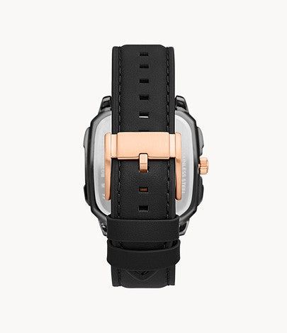 Back view of Fossil BQ2654 watch displaying caseback with black leather strap and rose gold lugs