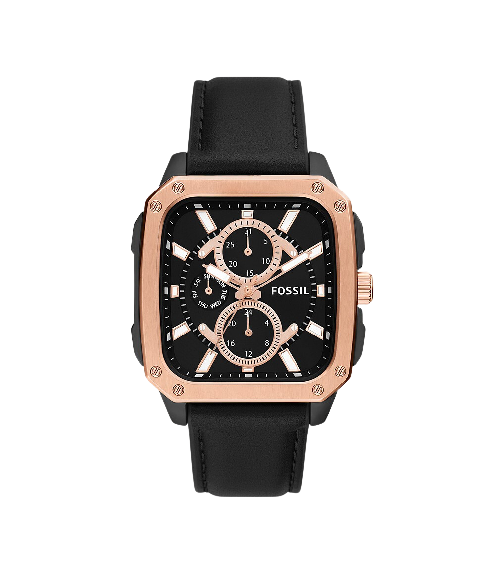 Fossil BQ2654 multifunction watch with rose gold case, black dial, and black leather strap