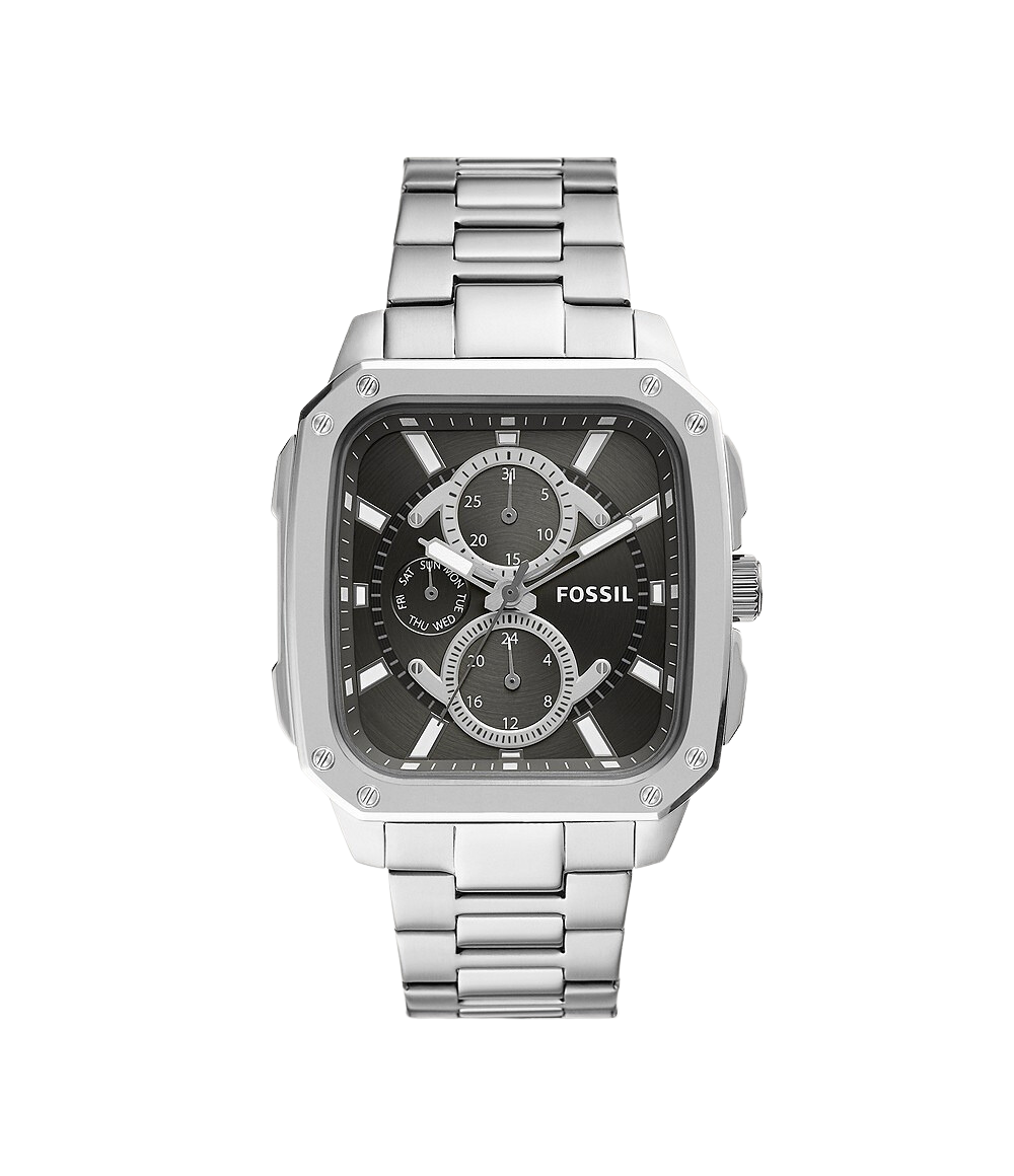 Fossil BQ2655 multifunction watch with silver stainless steel case and black dial with chronograph subdials
