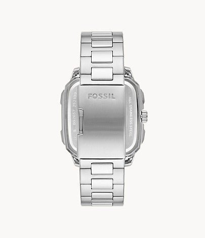Fossil BQ2655 caseback showing brushed silver stainless steel and stainless steel bracelet