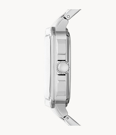 Fossil BQ2655 side profile showing silver stainless steel square case and bracelet