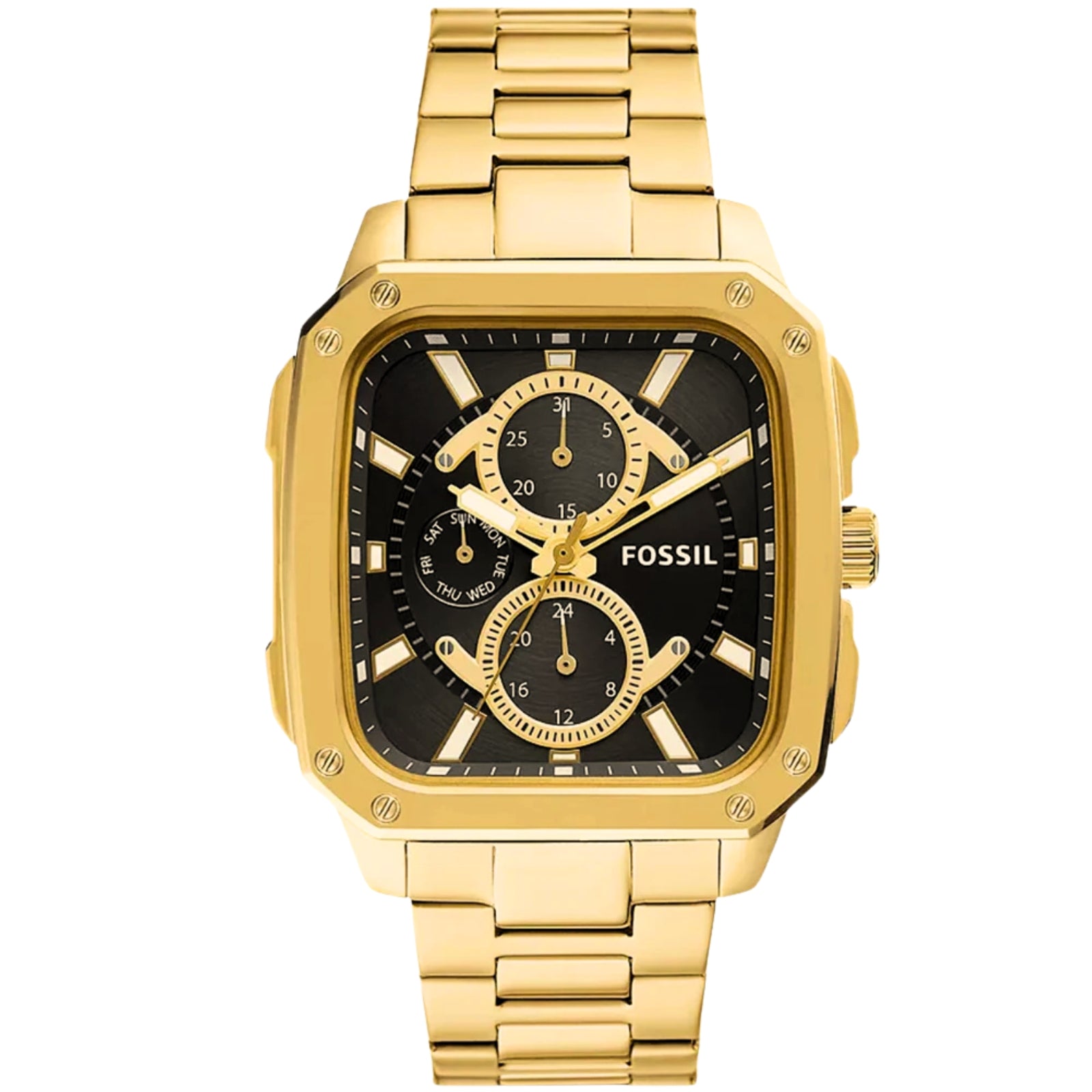 Fossil BQ2656 gold stainless steel multifunction watch with black dial and dual chronograph subdials
