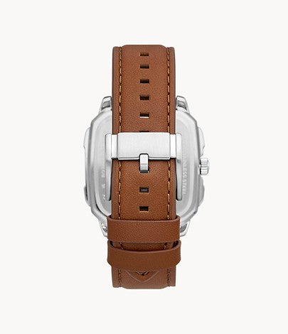 Fossil BQ2658 watch caseback view with brown leather strap and metal clasp