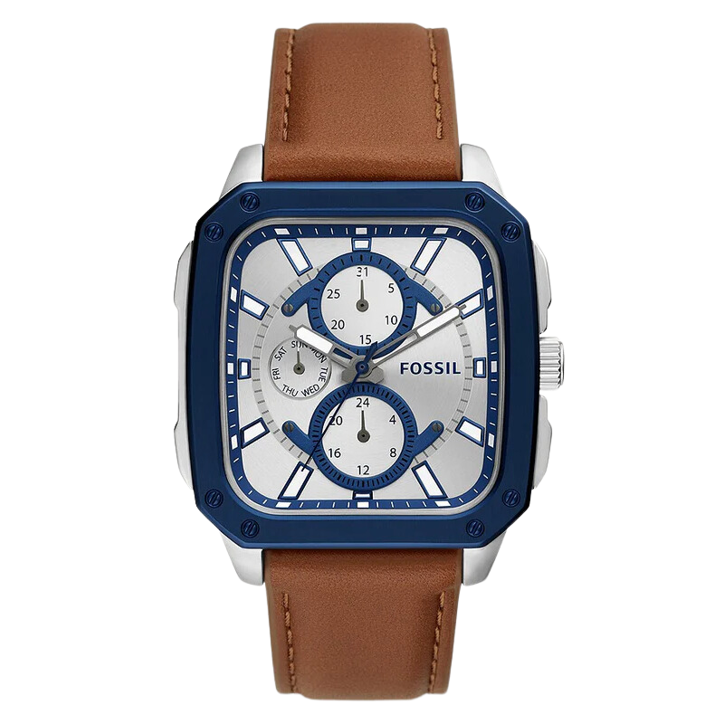 Fossil BQ2658 multifunction watch with blue dial, silver-tone case, and brown leather strap