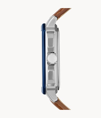 Fossil BQ2658 watch side view showing blue bezel and brown leather strap