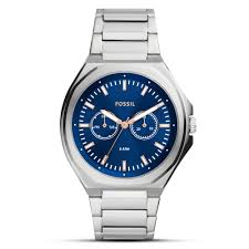 Fossil BQ2751 multifunction watch with blue dial and stainless steel bracelet, front view