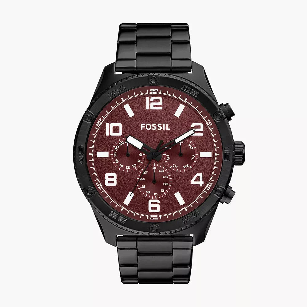 Fossil BQ2803 men's chronograph watch with burgundy dial and black steel bracelet