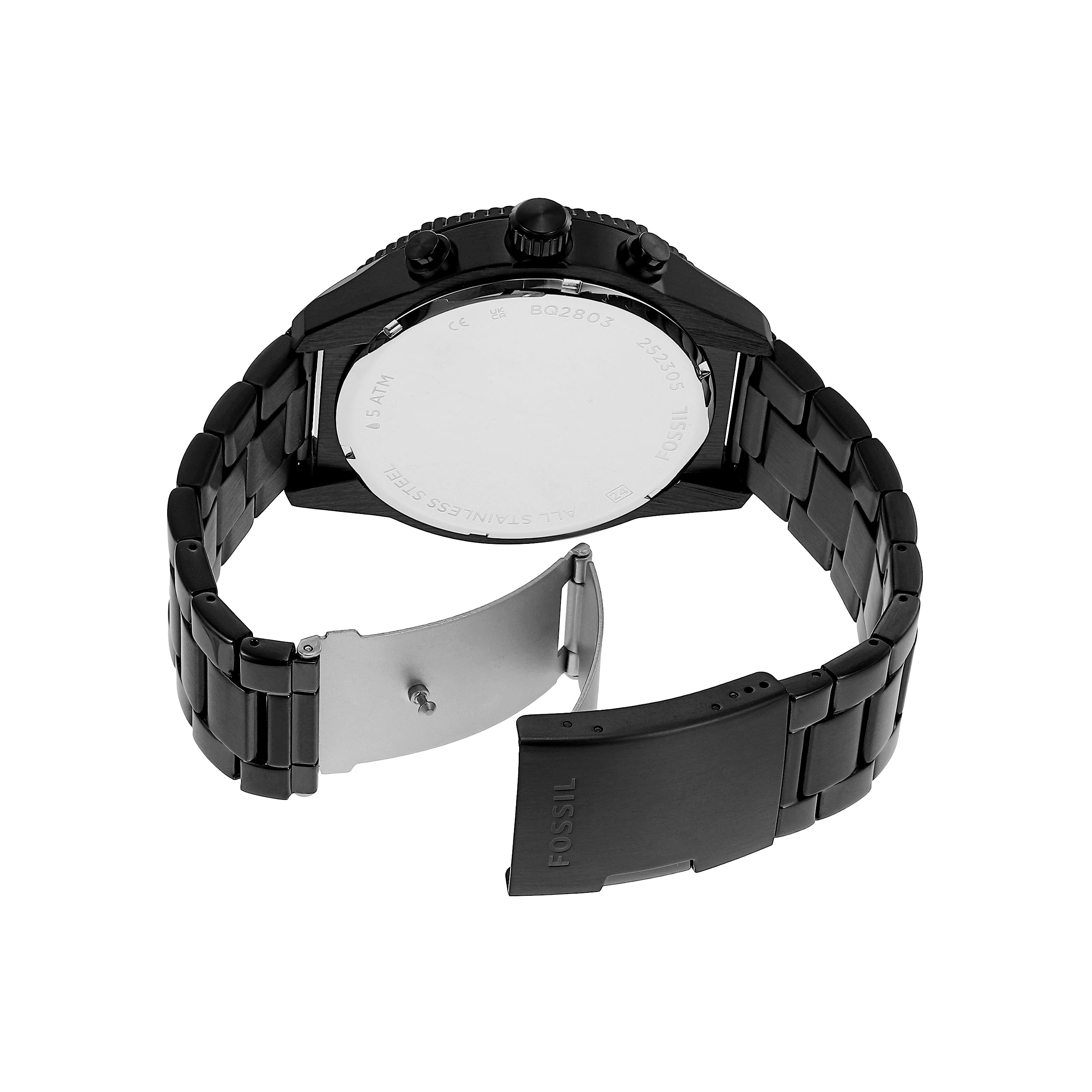 Fossil BQ2803 watch caseback and crown detail with black stainless steel finish
