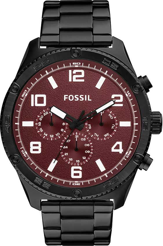 Fossil BQ2803 quartz watch with black stainless steel case and burgundy chronograph dial