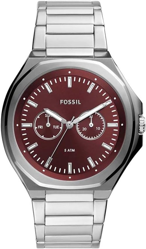Fossil BQ2807 men's watch with red dial, dual subdials, silver steel case and bracelet