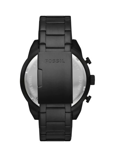 Fossil Bronson caseback showing black stainless steel and Fossil branding