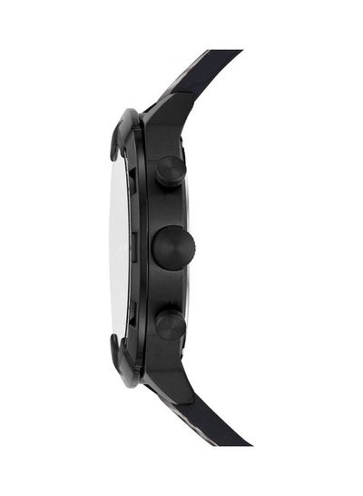 Side view of Fossil Bronson watch showing black stainless steel case and link bracelet