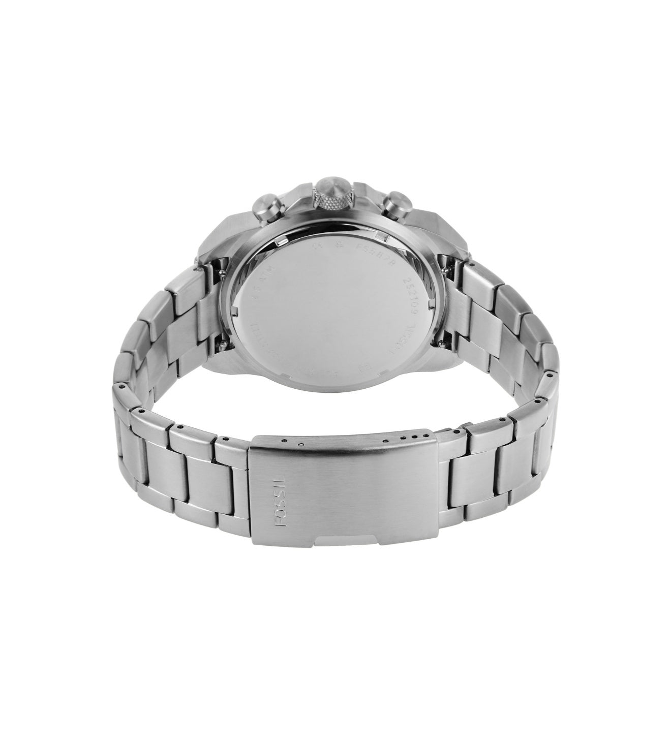 Fossil Bronson watch caseback showing silver stainless steel and bracelet attachment