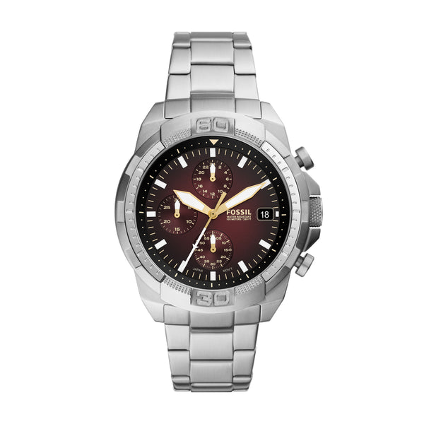 Fossil Bronson silver chronograph watch with burgundy dial and three subdials