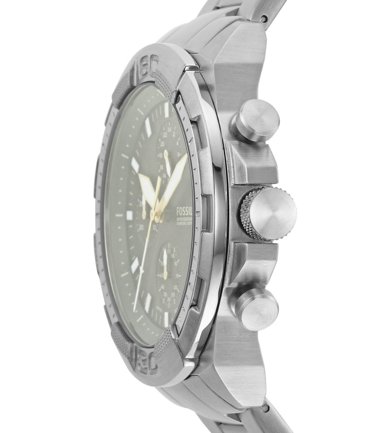 Fossil Bronson chronograph watch side profile showing stainless steel case and chronograph pushers